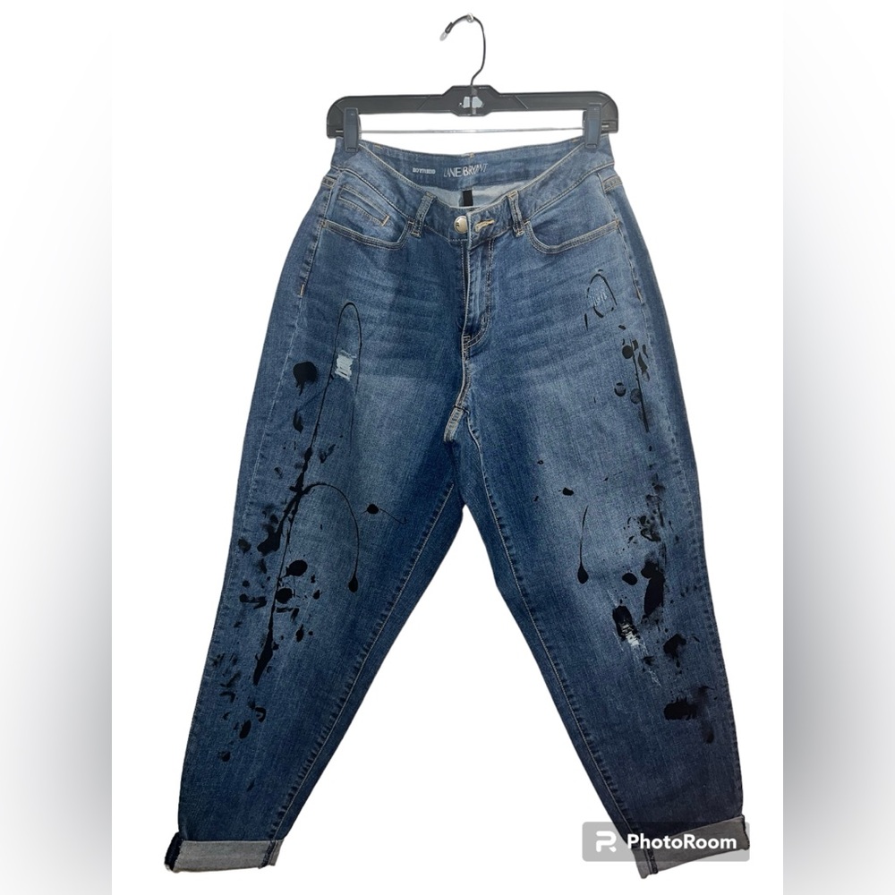 Lane Bryant Boyfriend Distressed Jeans w/ black splattered paint designs.